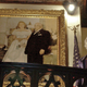 In this May 21, 2003, file photo, Mother Divine looks down from a stairwell while standing near a portrait of herself and her late husband Father Divine at her home at Woodmont in Gladwyne, Pa. Photo via AP